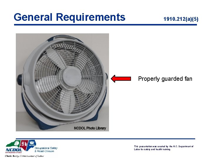 General Requirements 1910. 212(a)(5) Properly guarded fan USDOL Photo Archive This presentation was created