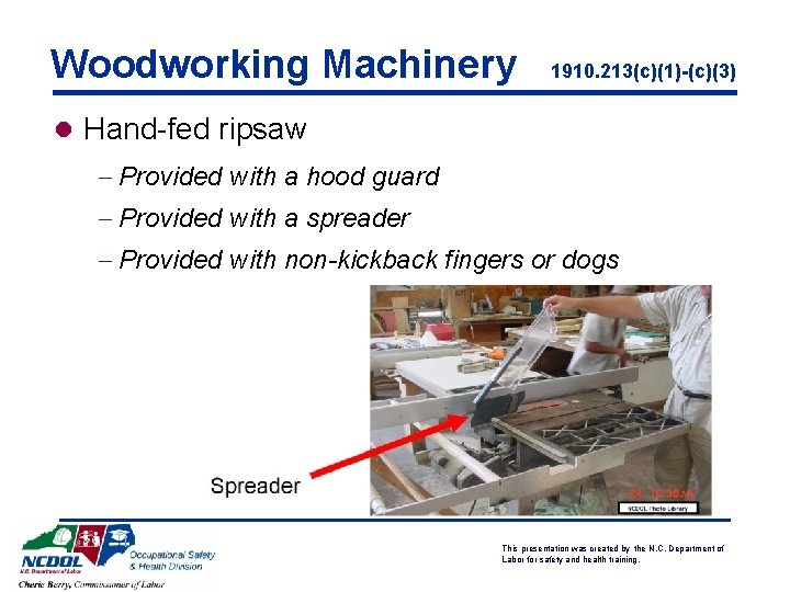 Woodworking Machinery 1910. 213(c)(1)-(c)(3) l Hand-fed ripsaw - Provided with a hood guard -