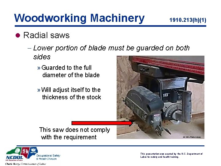 Woodworking Machinery 1910. 213(h)(1) l Radial saws - Lower portion of blade must be
