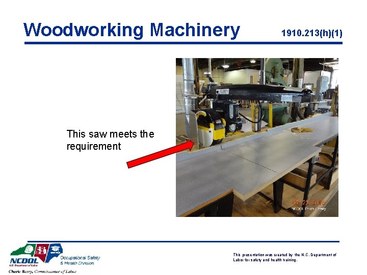 Woodworking Machinery 1910. 213(h)(1) This saw meets the requirement This presentation was created by
