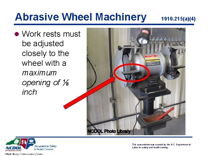 Abrasive Wheel Machinery 1910. 215(a)(4) l Work rests must be adjusted closely to the