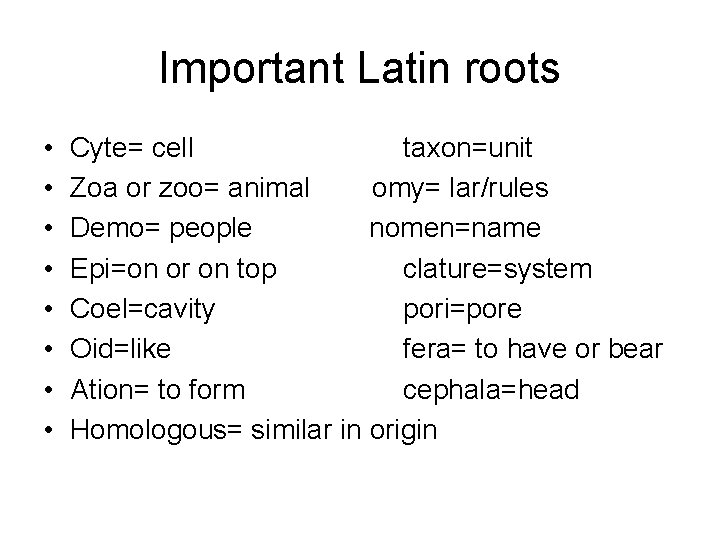 Important Latin roots • • Cyte= cell taxon=unit Zoa or zoo= animal omy= lar/rules