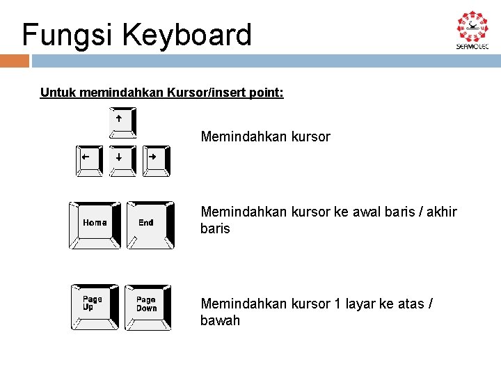 Fungsi Keyboard Untuk memindahkan Kursor/insert point: Memindahkan kursor ke awal baris / akhir baris