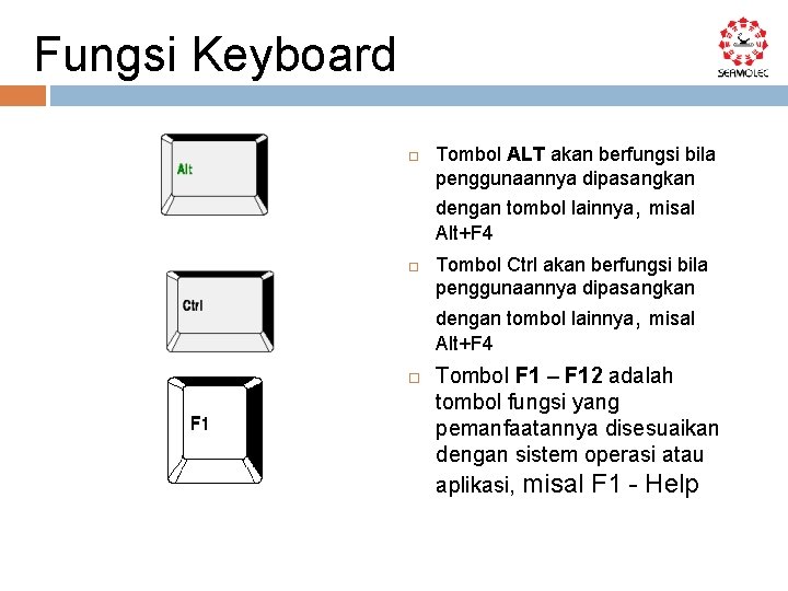 Fungsi Keyboard Tombol ALT akan berfungsi bila penggunaannya dipasangkan dengan tombol lainnya, misal Alt+F