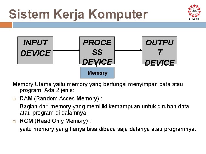 Sistem Kerja Komputer INPUT DEVICE PROCE SS DEVICE OUTPU T DEVICE Memory Utama yaitu