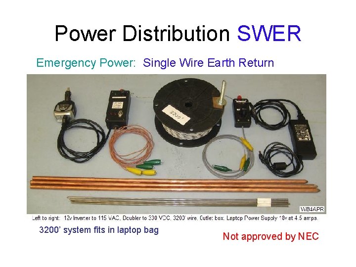 Power Distribution SWER Emergency Power: Single Wire Earth Return 3200’ system fits in laptop