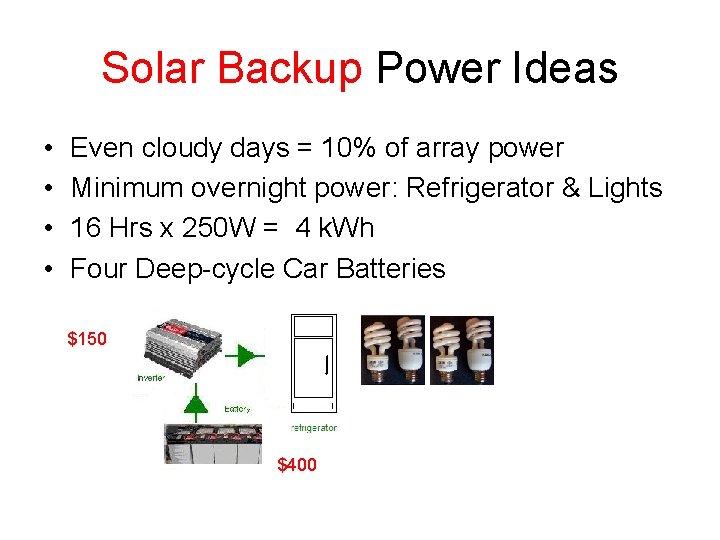 Solar Backup Power Ideas • • Even cloudy days = 10% of array power