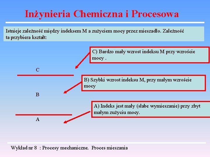 Inżynieria Chemiczna i Procesowa Istnieje zależność między indeksem M a zużyciem mocy przez mieszadło.