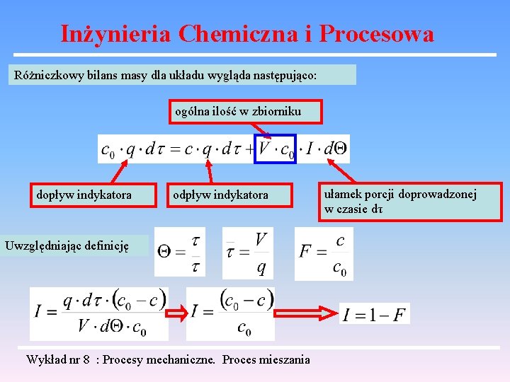 Inżynieria Chemiczna i Procesowa Różniczkowy bilans masy dla układu wygląda następująco: ogólna ilość w