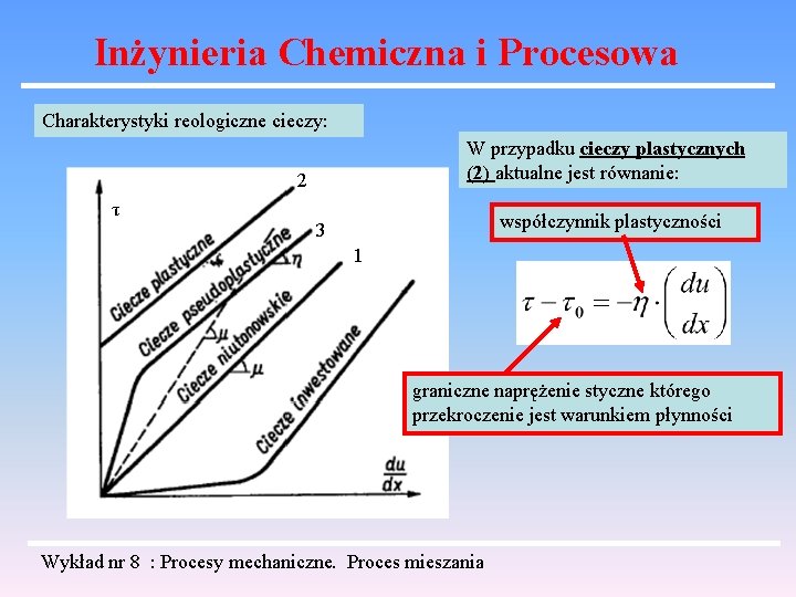 Inżynieria Chemiczna i Procesowa Charakterystyki reologiczne cieczy: W przypadku cieczy plastycznych (2) aktualne jest