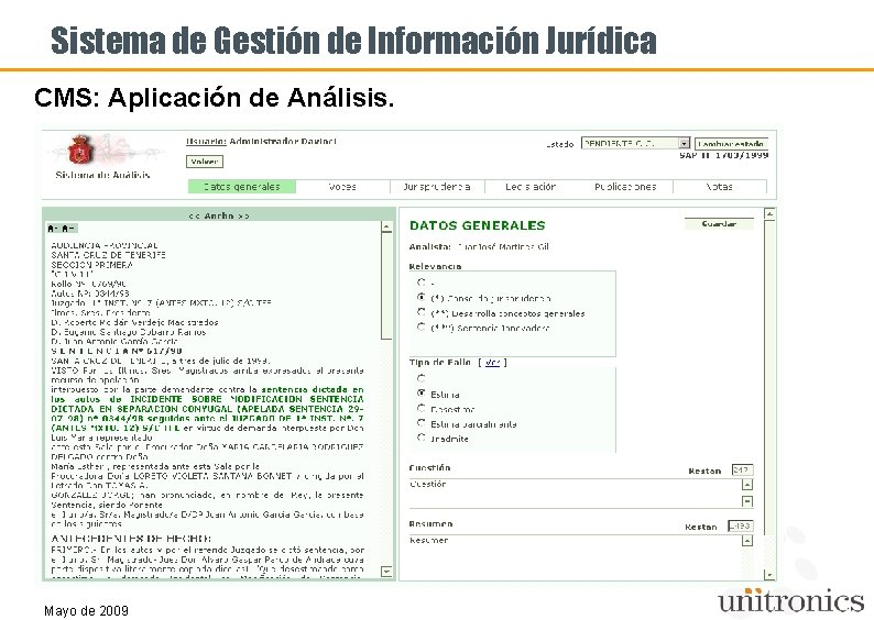 Sistema de Gestión de Información Jurídica CMS: Aplicación de Análisis. . Mayo de 2009