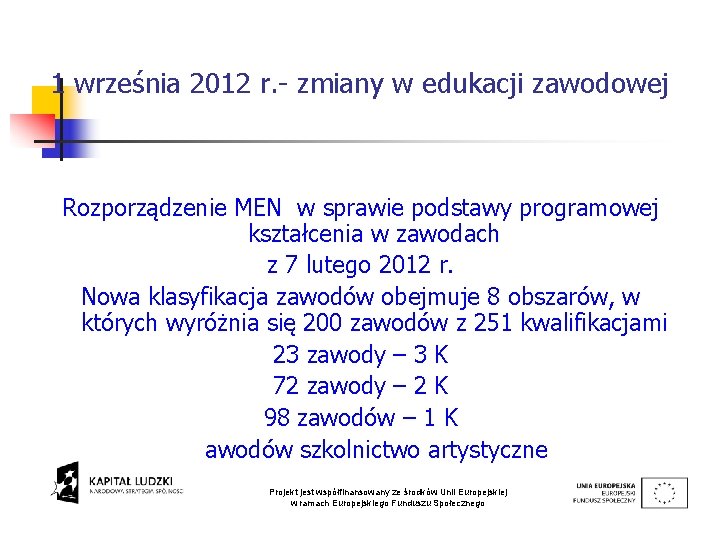 1 września 2012 r. - zmiany w edukacji zawodowej Rozporządzenie MEN w sprawie podstawy