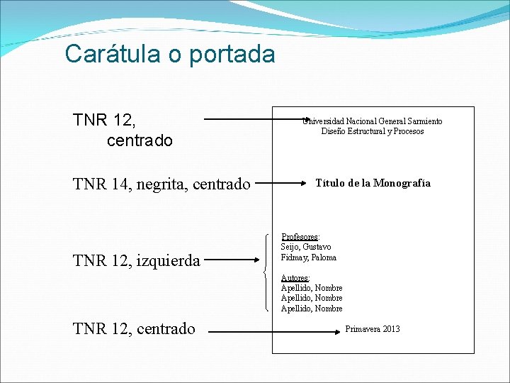 Carátula o portada TNR 12, centrado TNR 14, negrita, centrado TNR 12, izquierda Universidad Carátula o portada TNR 12, centrado TNR 14, negrita, centrado TNR 12, izquierda Universidad