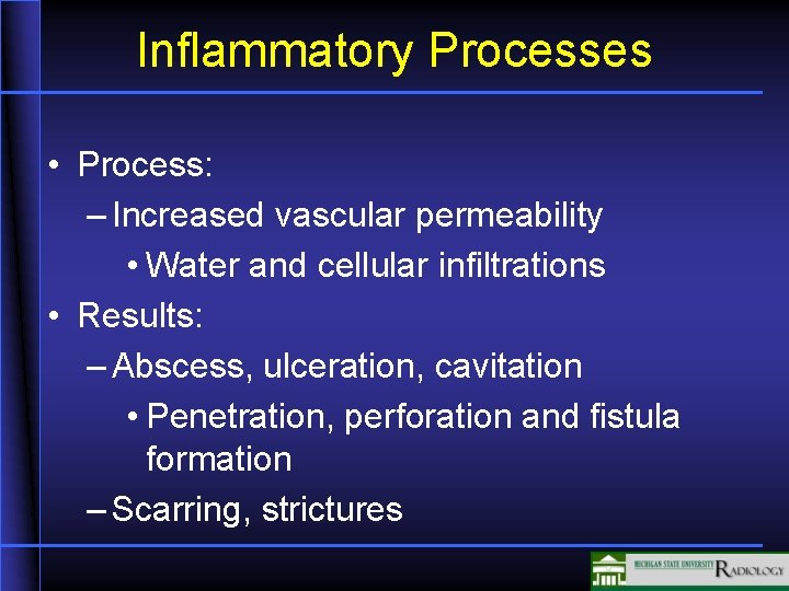 Inflammatory Processes • Process: – Increased vascular permeability • Water and cellular infiltrations •