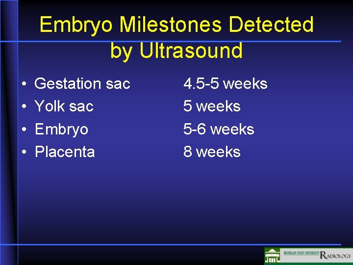 Embryo Milestones Detected by Ultrasound • • Gestation sac Yolk sac Embryo Placenta 4.
