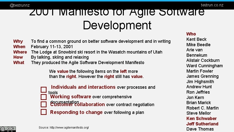 testrun. co. nz @testrunnz 2001 Manifesto for Agile Software Development Why When Where How