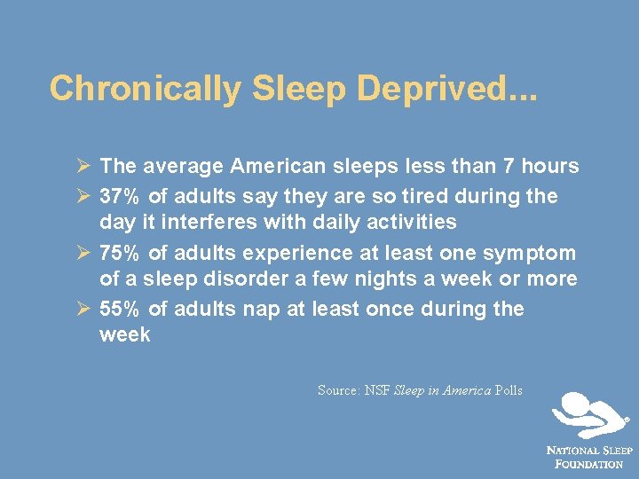 Chronically Sleep Deprived. . . Ø The average American sleeps less than 7 hours
