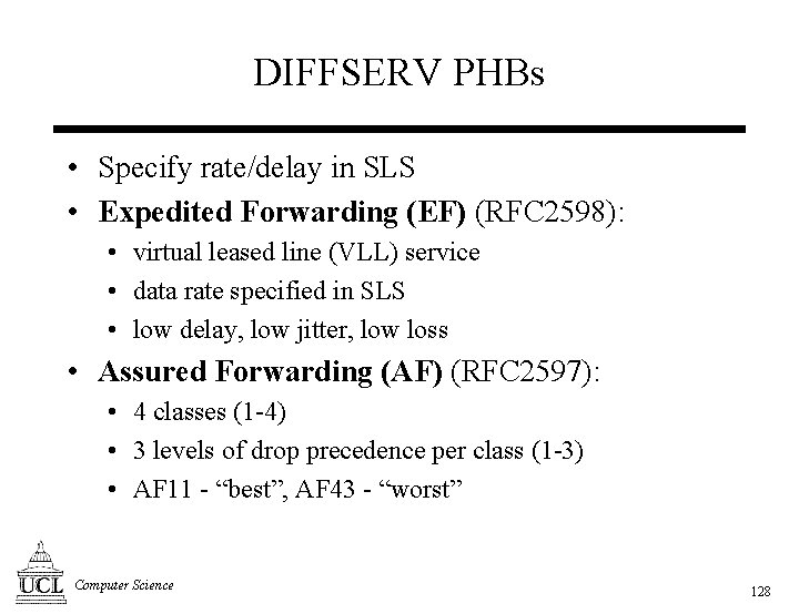 DIFFSERV PHBs • Specify rate/delay in SLS • Expedited Forwarding (EF) (RFC 2598): •