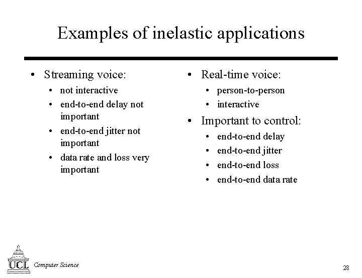 Examples of inelastic applications • Streaming voice: • not interactive • end-to-end delay not