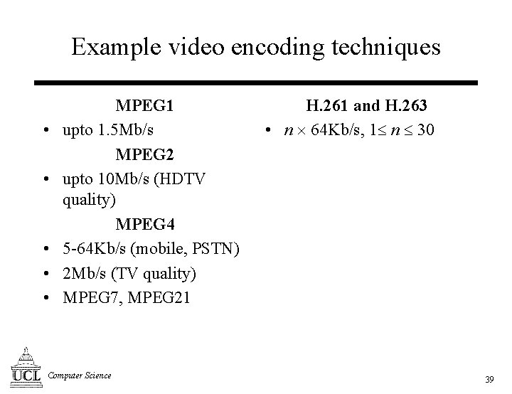 Example video encoding techniques • • • MPEG 1 upto 1. 5 Mb/s MPEG