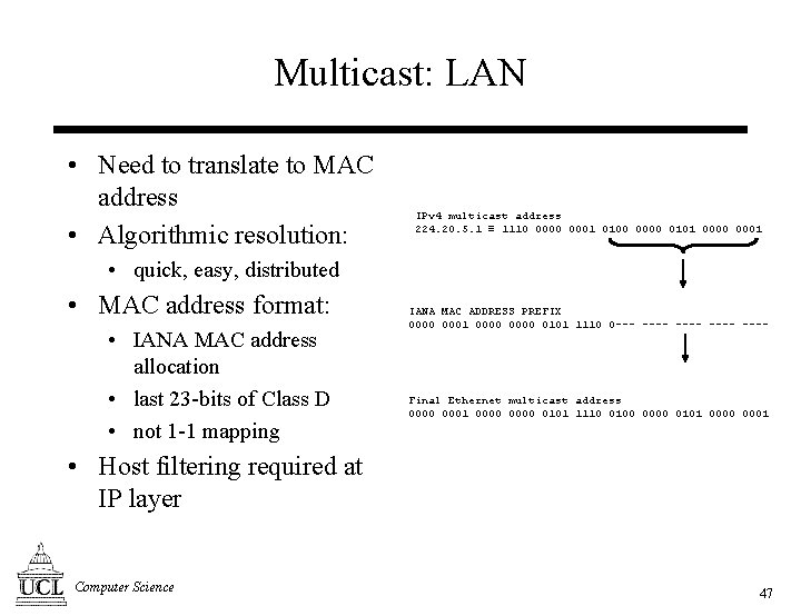 Multicast: LAN • Need to translate to MAC address • Algorithmic resolution: IPv 4