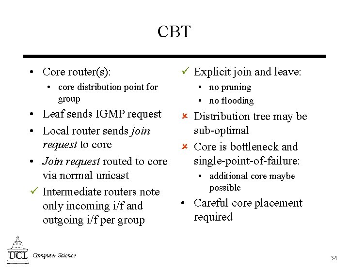 CBT • Core router(s): • core distribution point for group • Leaf sends IGMP