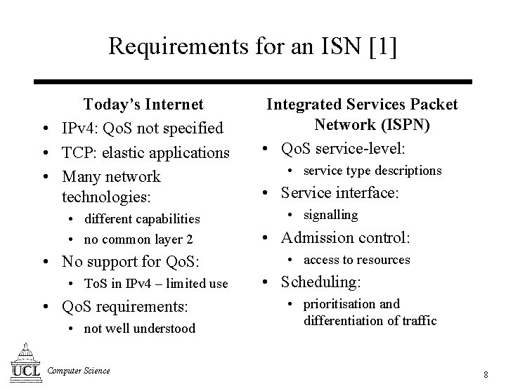 Requirements for an ISN [1] Today’s Internet • IPv 4: Qo. S not specified