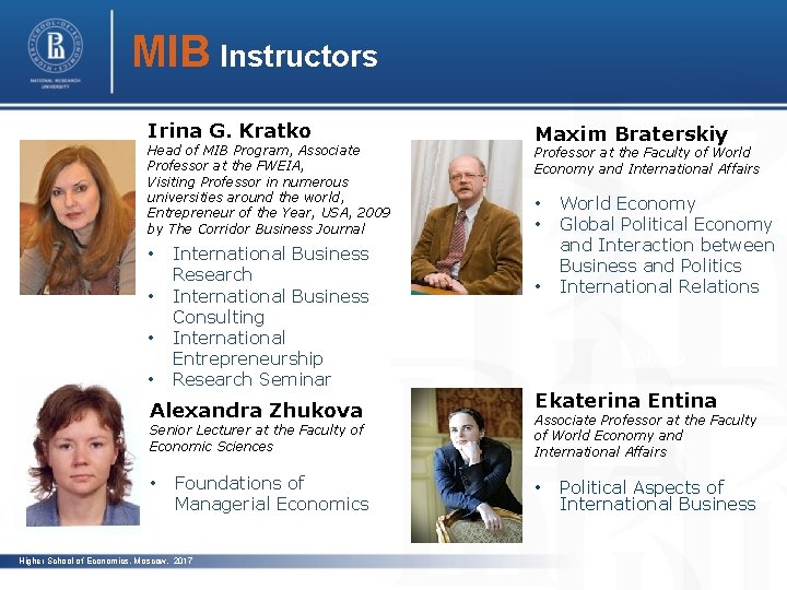 MIB Instructors Irina G. Kratko Head of MIB Program, Associate Professor at the FWEIA,