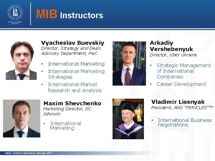 MIB Instructors Vyacheslav Buevskiy Director, Strategy and Deals Advisory Department, Pw. C • International