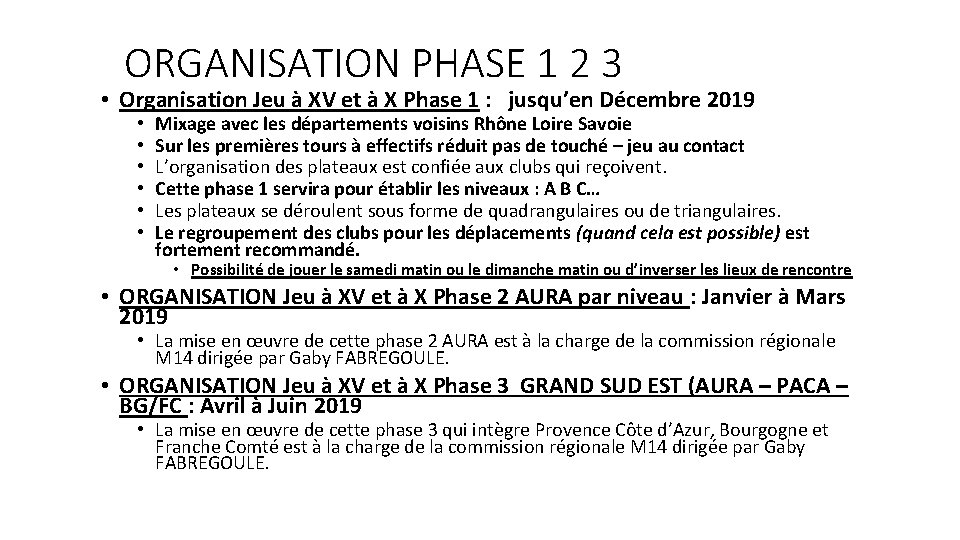 ORGANISATION PHASE 1 2 3 • Organisation Jeu à XV et à X Phase