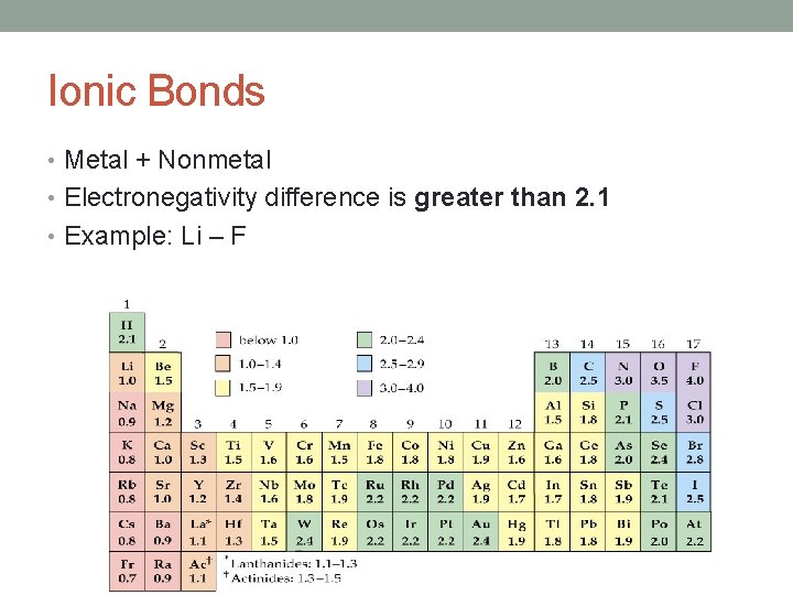 Ionic Bonds • Metal + Nonmetal • Electronegativity difference is greater than 2. 1