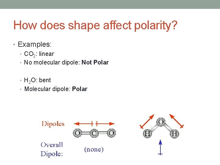 How does shape affect polarity? • Examples: • CO 2: linear • No molecular