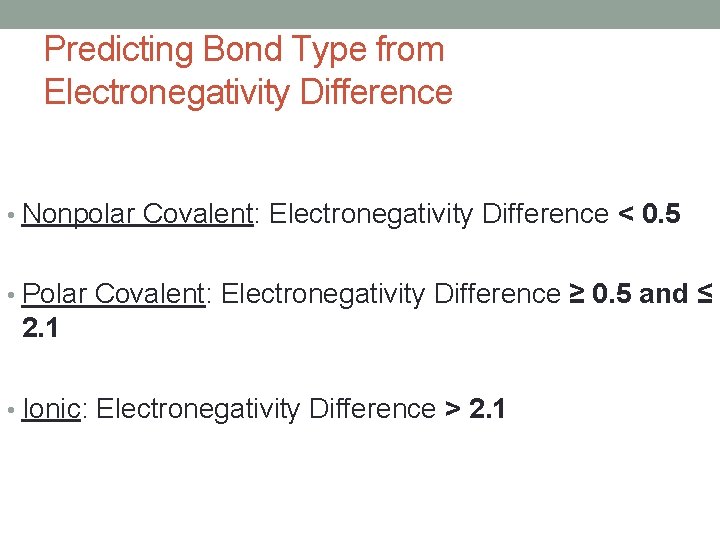 Predicting Bond Type from Electronegativity Difference • Nonpolar Covalent: Electronegativity Difference < 0. 5