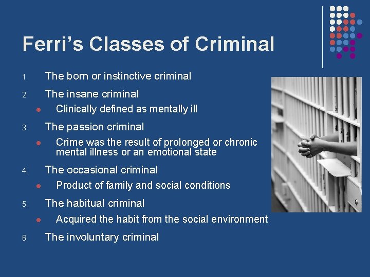 Ferri’s Classes of Criminal 1. The born or instinctive criminal 2. The insane criminal