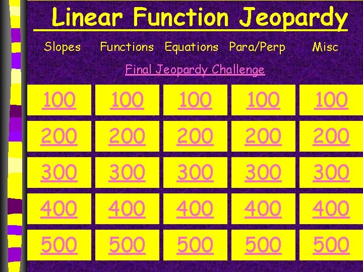 Linear Function Jeopardy Slopes Functions Equations Para/Perp Misc Final Jeopardy Challenge 100 100 100