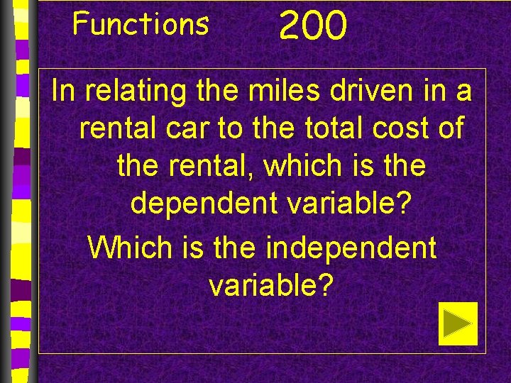 Functions 200 In relating the miles driven in a rental car to the total