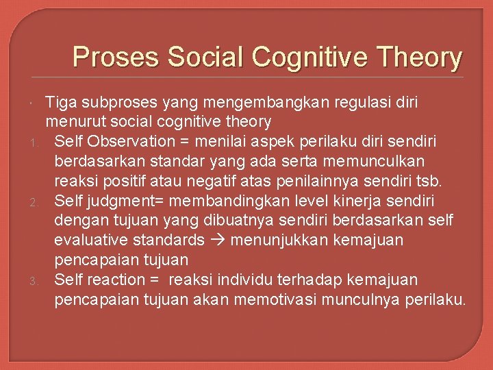 Proses Social Cognitive Theory 1. 2. 3. Tiga subproses yang mengembangkan regulasi diri menurut