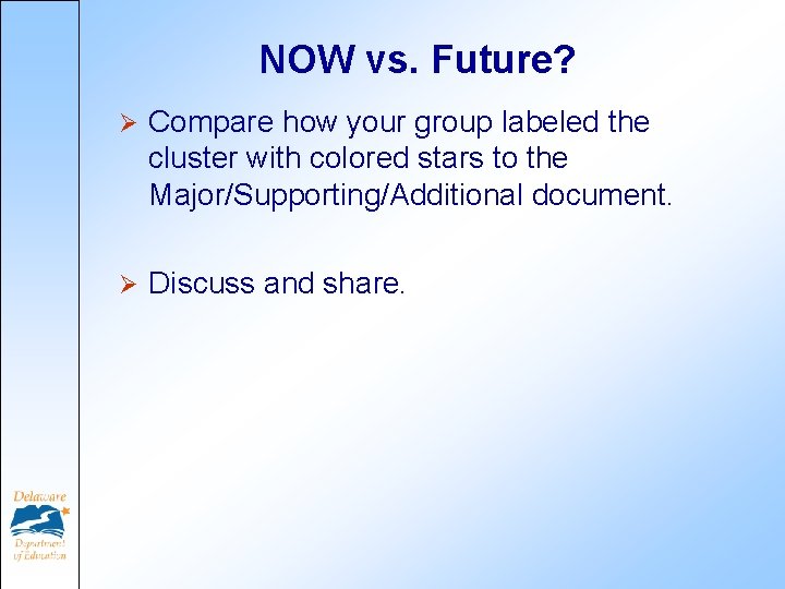 NOW vs. Future? Ø Compare how your group labeled the cluster with colored stars NOW vs. Future? Ø Compare how your group labeled the cluster with colored stars