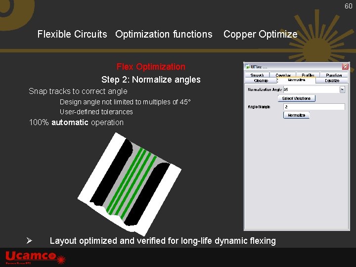 60 Flexible Circuits Optimization functions Copper Optimize Flex Optimization Step 2: Normalize angles Snap