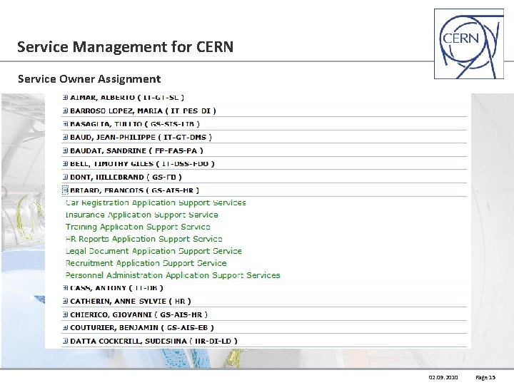 Service Management for CERN Service Owner Assignment 02. 09. 2010 Page 15 