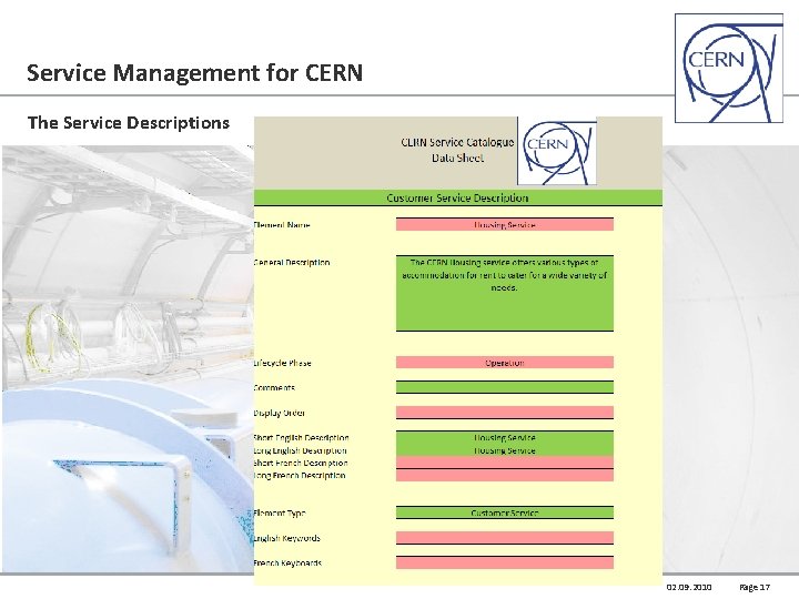 Service Management for CERN The Service Descriptions 02. 09. 2010 Page 17 