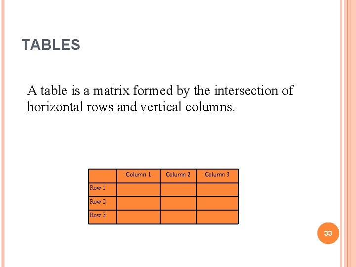 TABLES A table is a matrix formed by the intersection of horizontal rows and