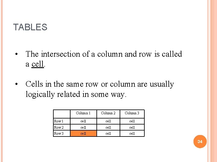 TABLES • The intersection of a column and row is called a cell. •
