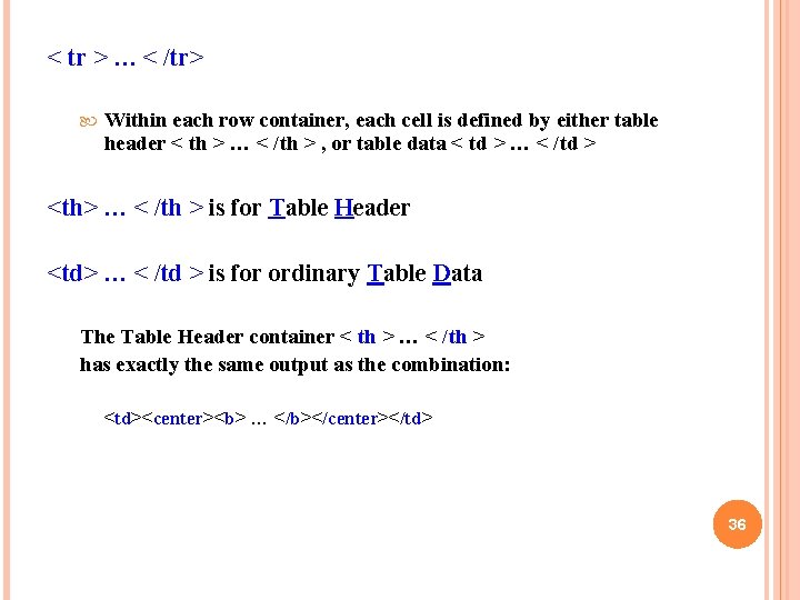 < tr > … < /tr> Within each row container, each cell is defined