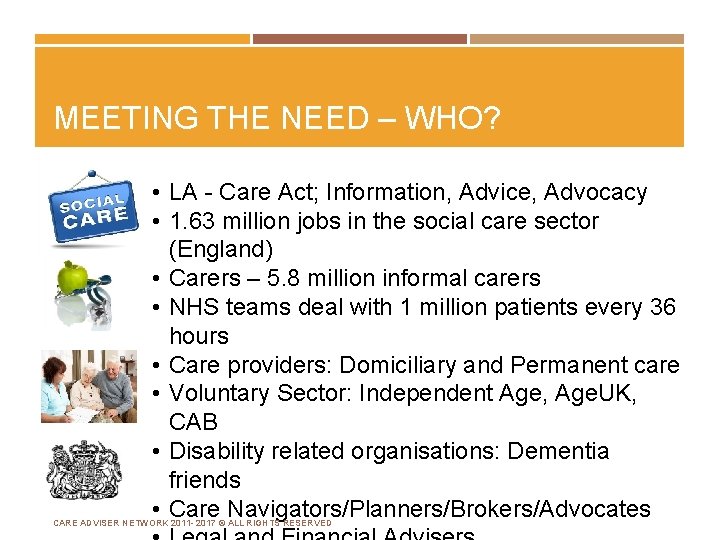 MEETING THE NEED – WHO? • LA - Care Act; Information, Advice, Advocacy •