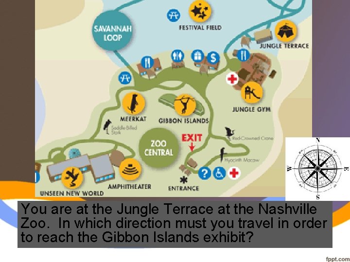 You are at the Jungle Terrace at the Nashville Zoo. In which direction must