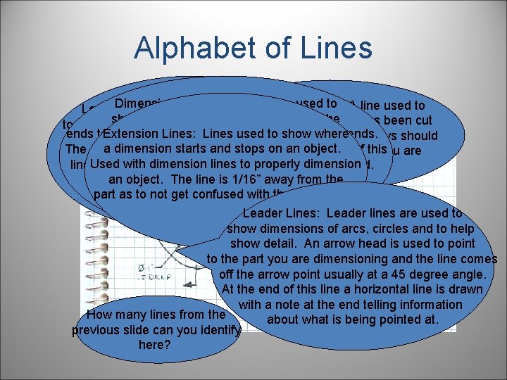 Alphabet of Lines Dimension Lines: Lines that are used to Cutting Plane Line: A