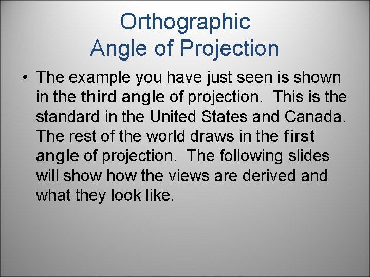 Orthographic Angle of Projection • The example you have just seen is shown in