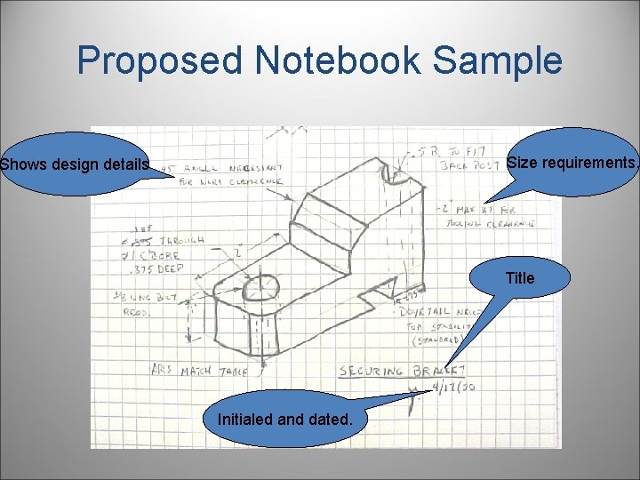 Proposed Notebook Sample Size requirements. Shows design details Title Initialed and dated. 