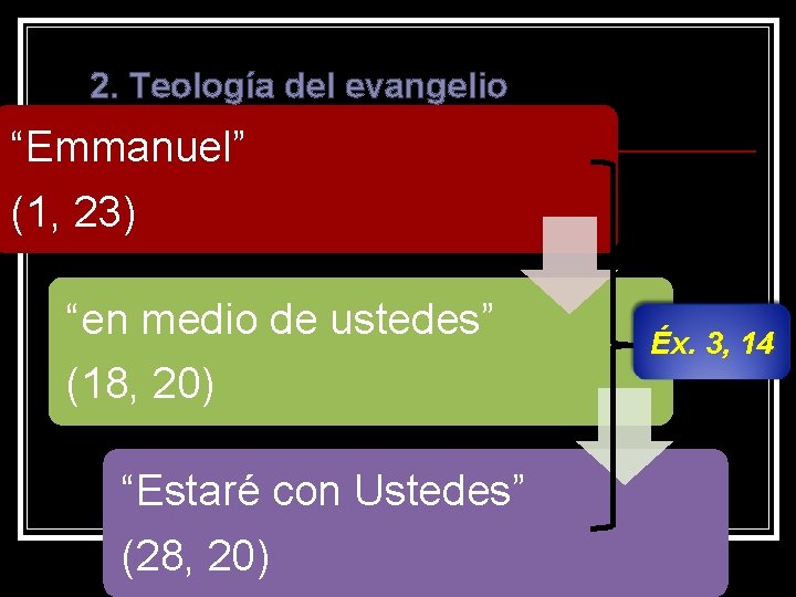 2. Teología del evangelio “Emmanuel” (1, 23) “en medio de ustedes” (18, 20) “Estaré